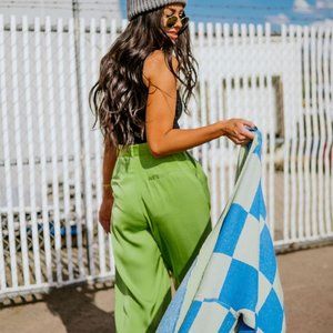 Dressed in LALA - Green Satin High Waisted Pleated Pants - Medium